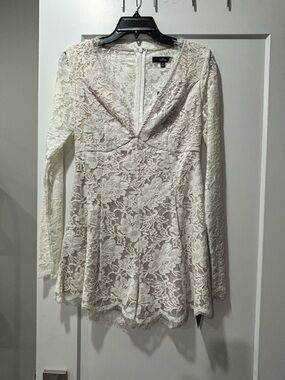 Lulu's Ivory White Lace Long-Sleeve Romper Dress